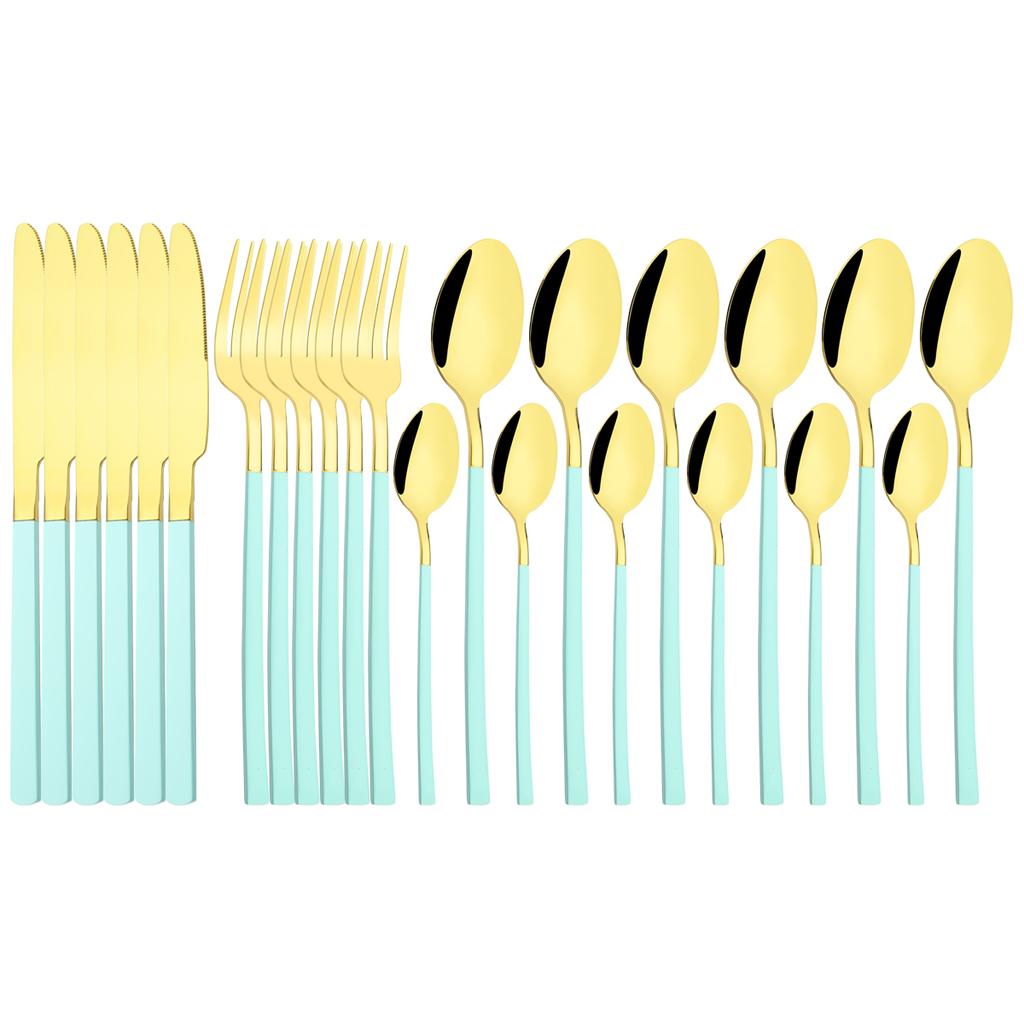 Western 24Pcs Black Gold Dinnerware Set Luxury Knives Fork Tea Spoon Cutlery Set Stainless Steel Flatware Tableware Kitchen Silverware