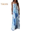 Women Vacation Dress Printed Patchwork Low-cut Square Neck Backless Sleeveless A-line Full Length Beach Maxi Dress Summer Strappy Dress