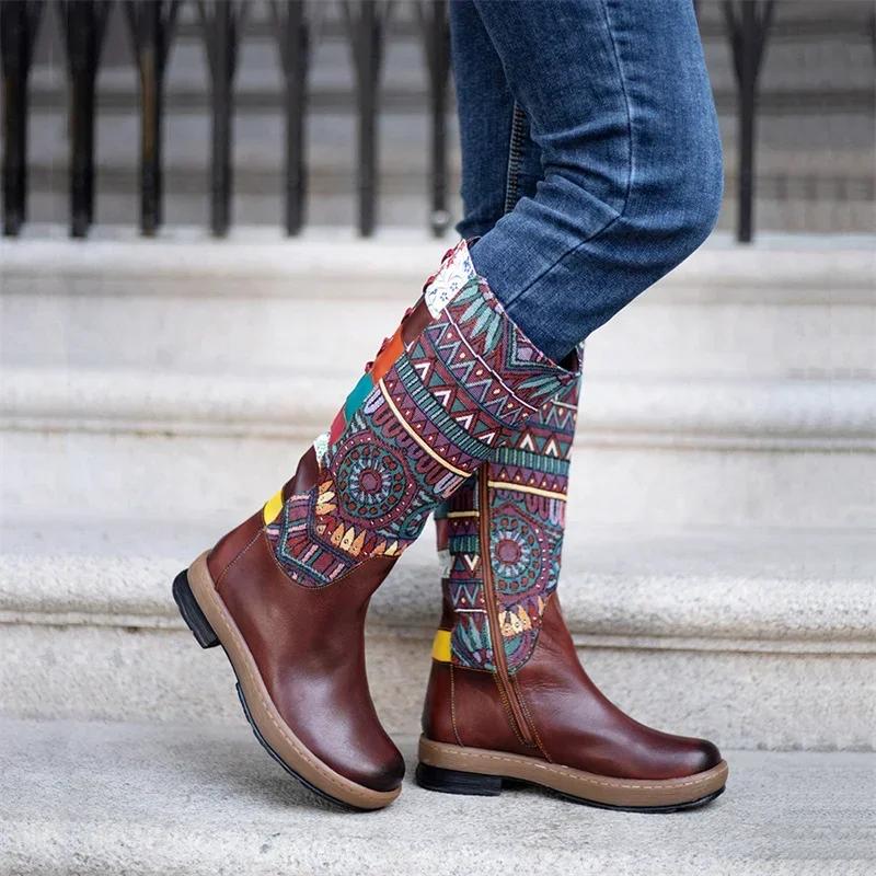 Fashion Retro Ethnic Women Boots Boho Folk-Custom Artisanal Ladies Flat Leather Boots Embroidery Printed Shoes