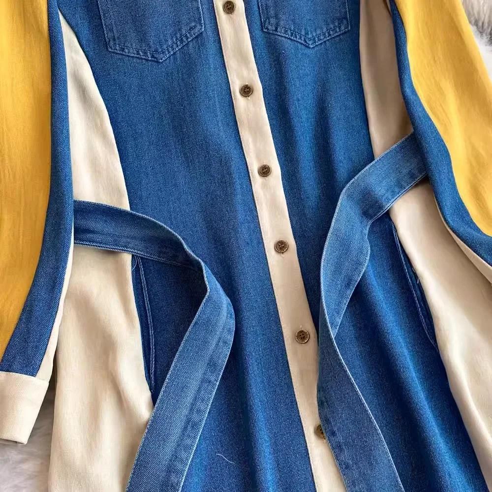 Lace Up High Waist Women 2025 Dresses Patchwork Denim Dresses Laple Long Sleeve Dress Femininos French Style Clothing