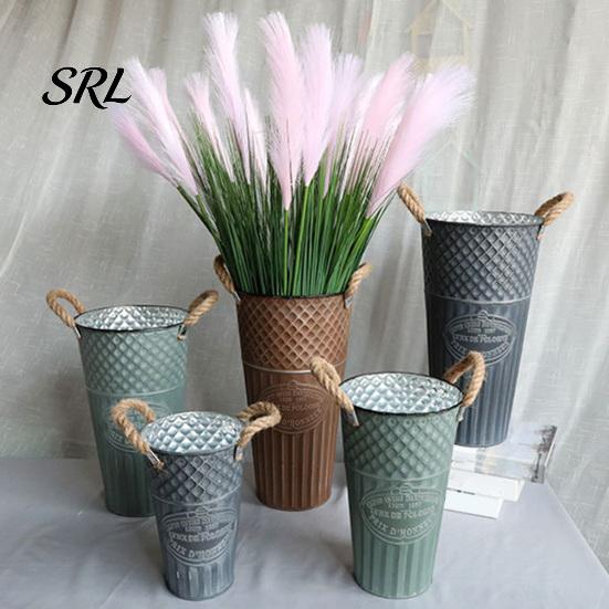Decorative Farmhouse Flower Pitcher Vintage Metal Buckets, Rustic Vases with Handles, Floral Containers, Wide Retro Style Pot Mouth Plant Display