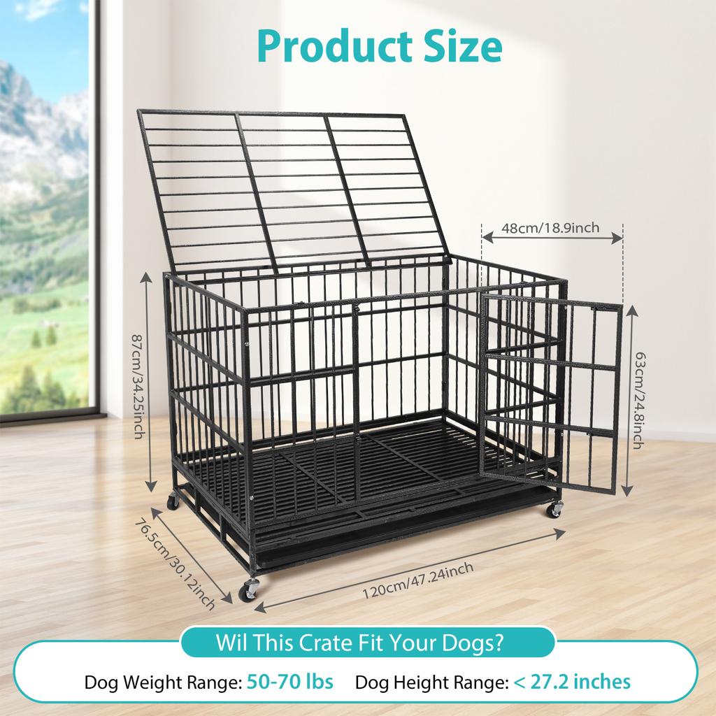 120x76.5x87CM Heavy Duty Dog Crate Metal Pet Dog Crate 2 Doors Locks Design Kennel Playpen with 4 Wheels Removable Tray
