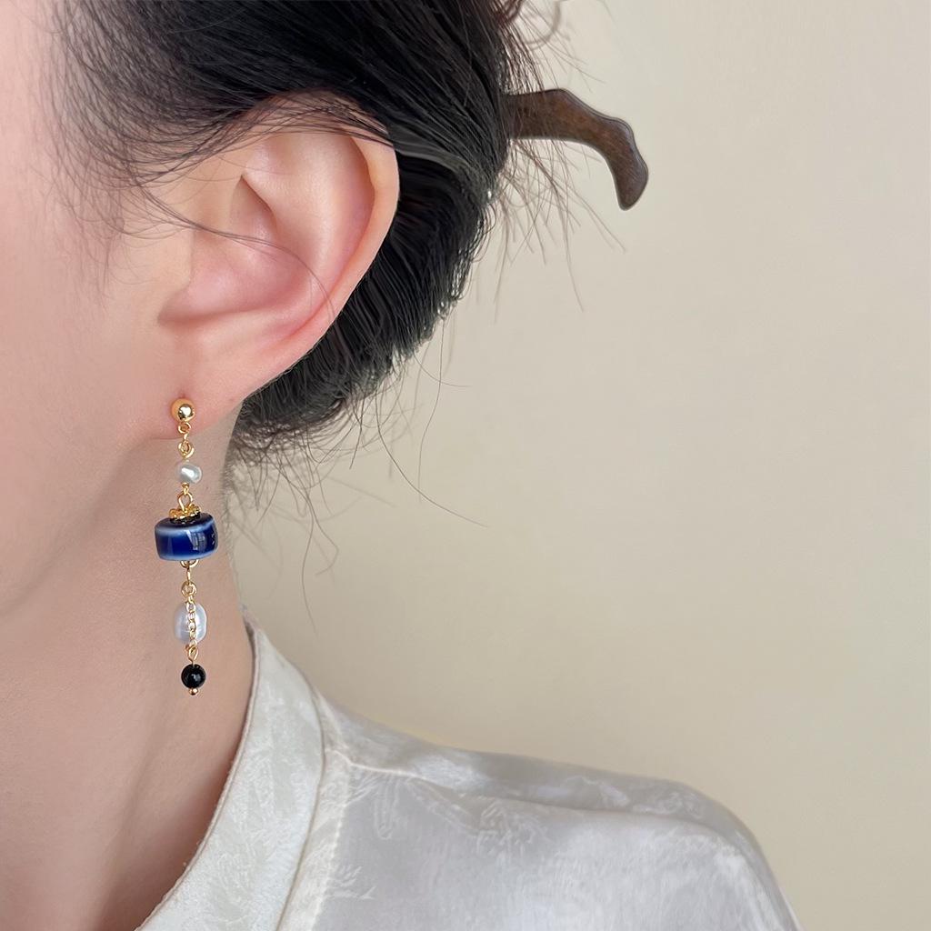 Серьги-кисточки ручной работы из синей керамики и пресноводного жемчуга - Винтажные этнические украшения для женщин