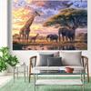 1pc African Wildlife hunting Background - Vibrant sunset prairie scene with giraffes  elephants and birds - Durable polyester
