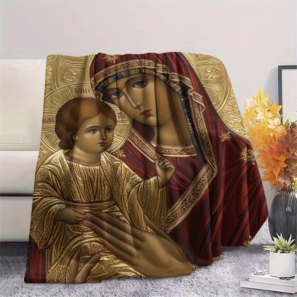 1Pc God Print Flannel Blanket, High quality Comfortable for All Seasons, Home Decor, Warmth and Comfort, Perfect for Christmas Gifts
