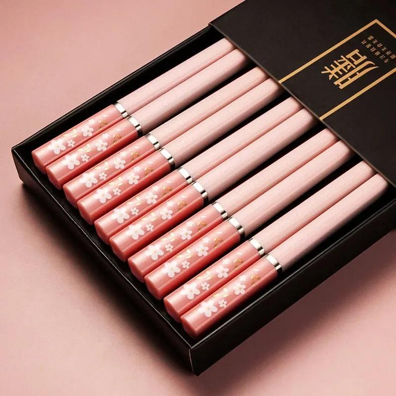 1 Pair of Household Kitchen Chinese Pink Cherry Blossoms Alloy Chopsticks Chopsticks Hot Pot Cooking Utensils Cute Chopsticks