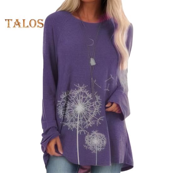 Женская туника больших размеров с принтом одуванчика, удлиненная рубашка с круглым вырезом и длинными рукавами, футболка-пуловер свободного кроя для работы, повседневной жизни