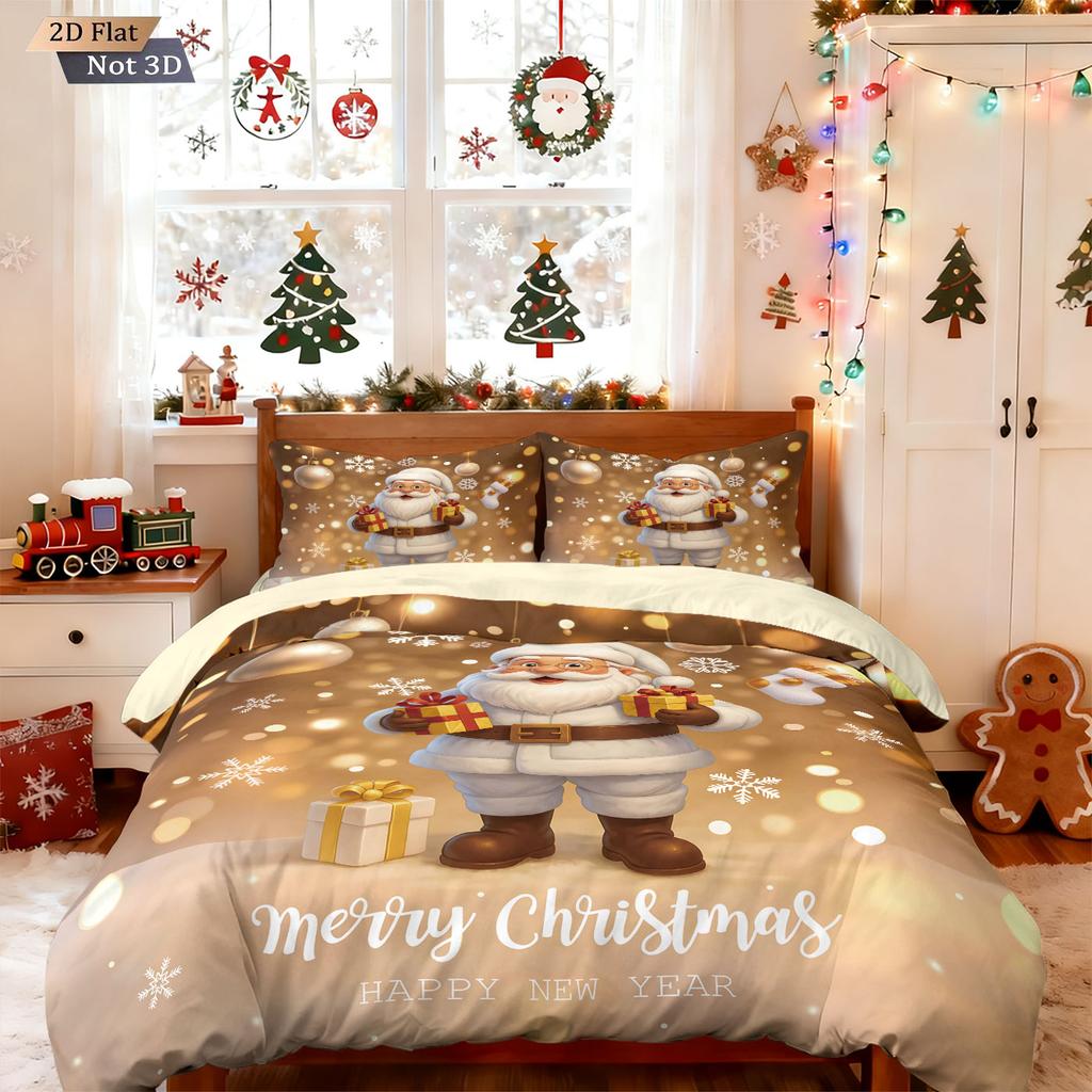 3pcs Merry Christmas Santa Claus Gold Printed Quilt Set Multi Size Dormitory Bedding Holiday Decoration Machine Washable