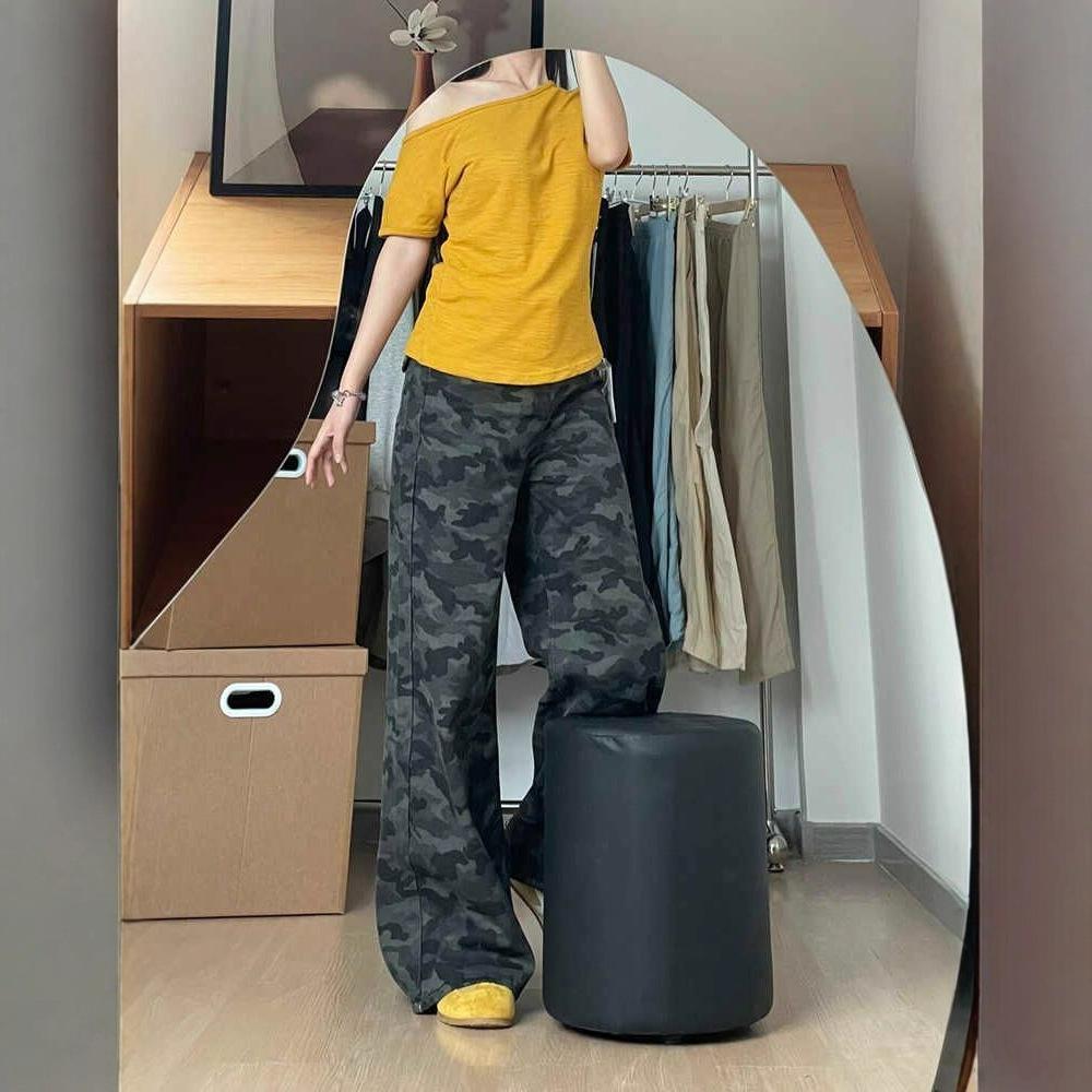 Удобные камуфляжные джинсы с высокой посадкой и широкими штанинами женские уличные универсальные облегающие свободные прямые джинсы для женщин длинные джинсовые брюки