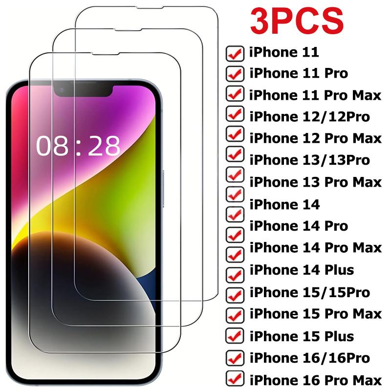 3PCS Full Cover Tempered Glass For iPhone 11 12 13 14 15 16 Pro Max 13 Mini Screen Protector For iPhone 14 15 16 Plus Glass Film