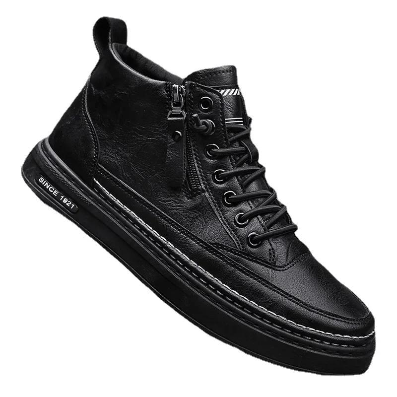 Кожаные ботинки мужские высокие повседневные туфли для мужчин трендовые туфли на молнии для ходьбы на плоской подошве зимняя обувь вулканизированные ботильоны новые Zapatillas Hombre