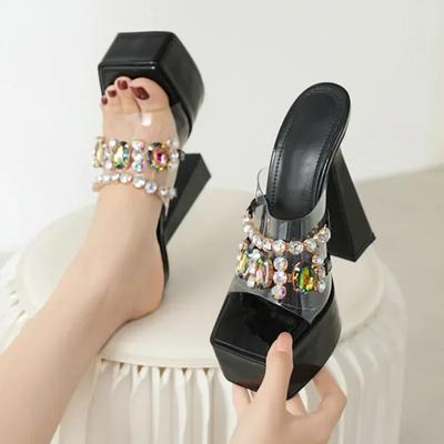 Сексуальные роскошные прозрачные босоножки из ПВХ с широкими полосами и цветными кристаллами для женщин на платформе с квадратным высоким каблуком в стиле банкет в римском стиле