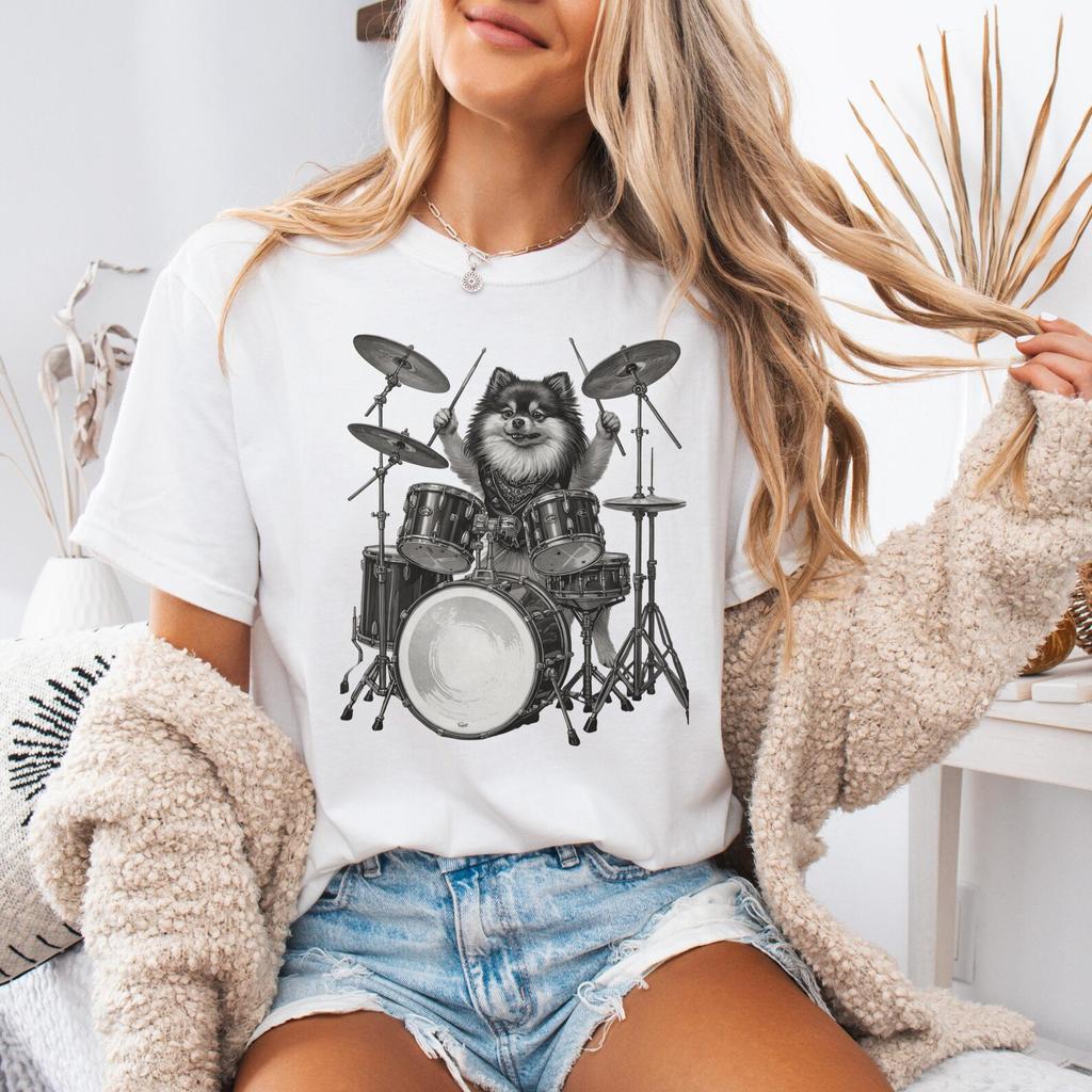 Pomeranian Drummer T-Shirt, Funny Dog Music Tee, Pomeranian Playing Drums Shirt, Rock Band Pet Graphic Tee, Music Pup Tee