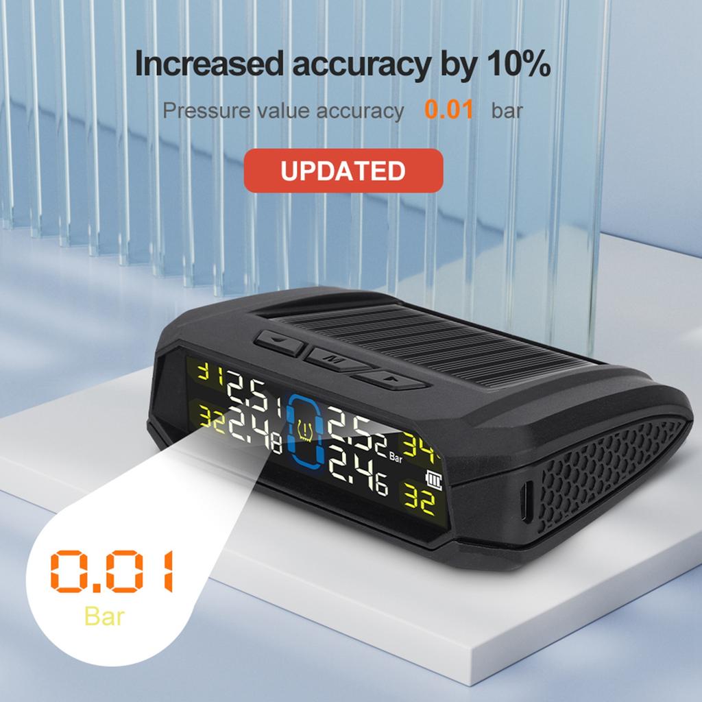 Wireless Tire Pressure Monitor HD LCD Display Real Time Alert Solar Powered USB Charging Tire Pressure Monitoring System