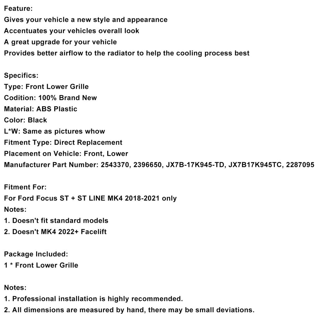 Нижняя решетка переднего бампера JX7B-17K945-TD Подходит для Ford Focus MK4 2018-2021 ST