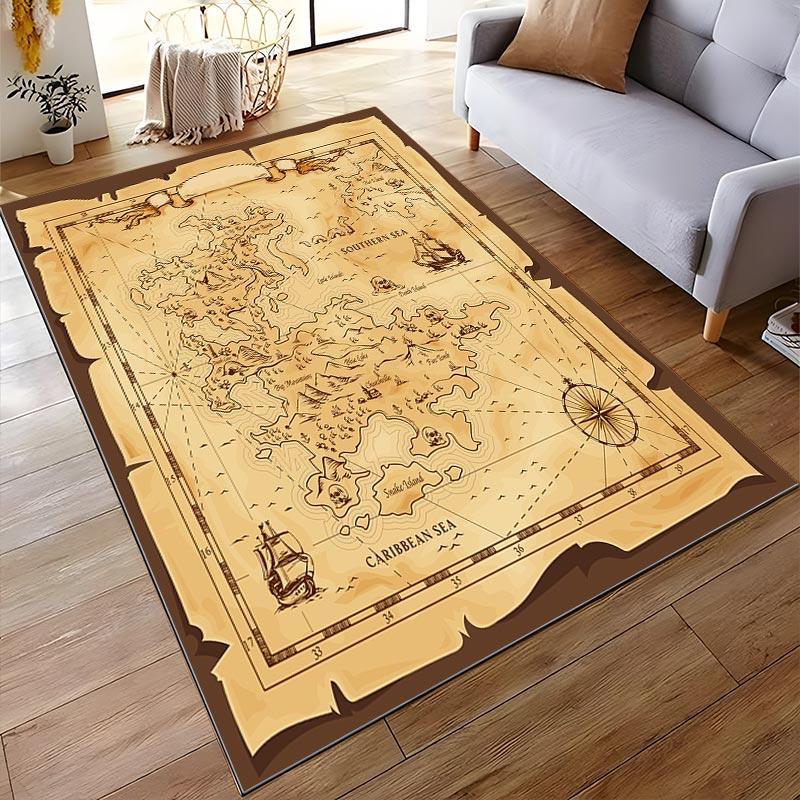Vintage World Map Print Carpet for Living Room, Antique Style Décor Rug Suitable for use as an anti-slip for living room bedroom sofas