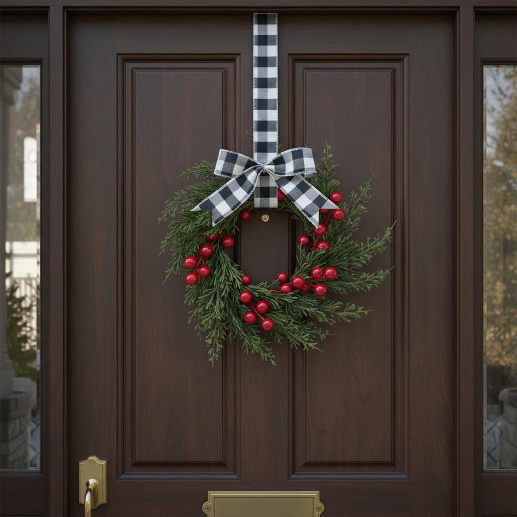 10 Inch Mini Christmas Wreaths Kitchen Cabinet Small Xmas Wreath with Bow Ribbon for Window Door Chair Fireplace Hanging Decor