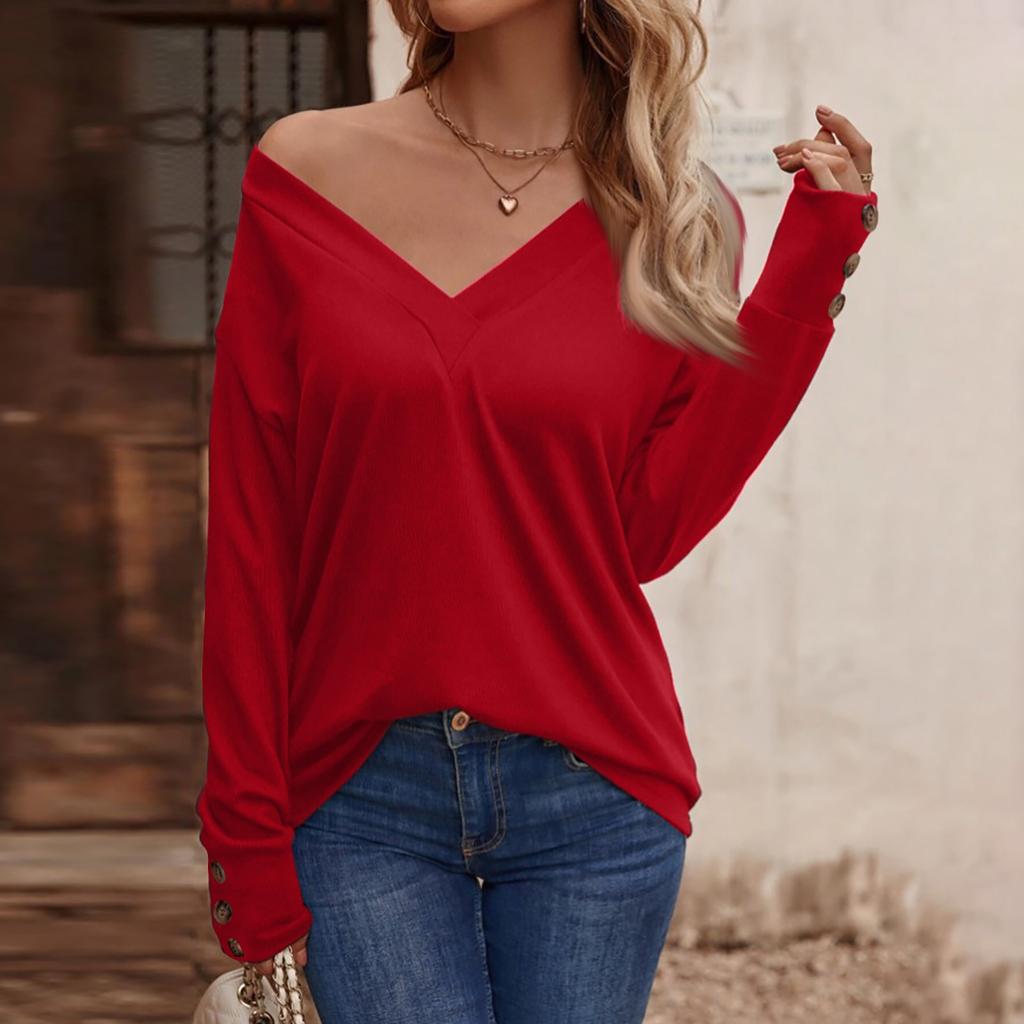 Women's Autumn/Winter Solid Color V-neck Loose Long Sleeved T-shirt Button Top