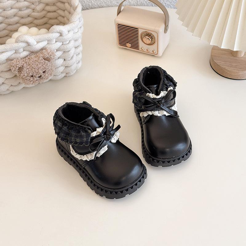 Корейские ретро женские черные зимние кожаные ботинки 2025: Хлопковые короткие ботинки в стиле Лолита с бантом для малышей