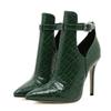 Liyke сексуальные зеленые туфли со змеиным принтом из кожи с острым носком для вечеринок и стриптиза на каблуках, ботильоны для женщин с пряжкой на ремне, весна-осень, туфли-лодочки
