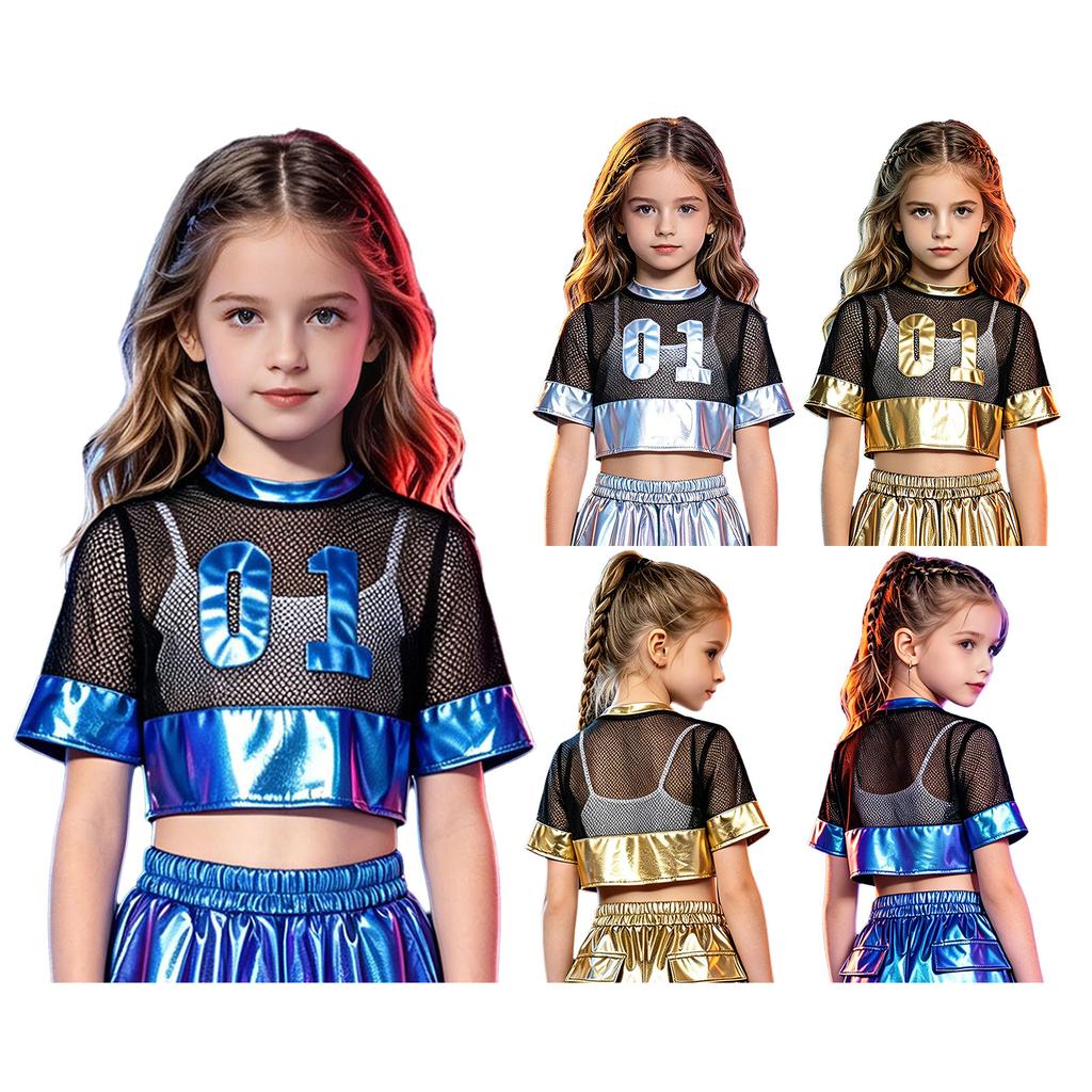 Girls Hollow Out Mesh Patchwork Metallic Crop Top Short Sleeve Number Graphic T-Shirt Hip Hop Dance