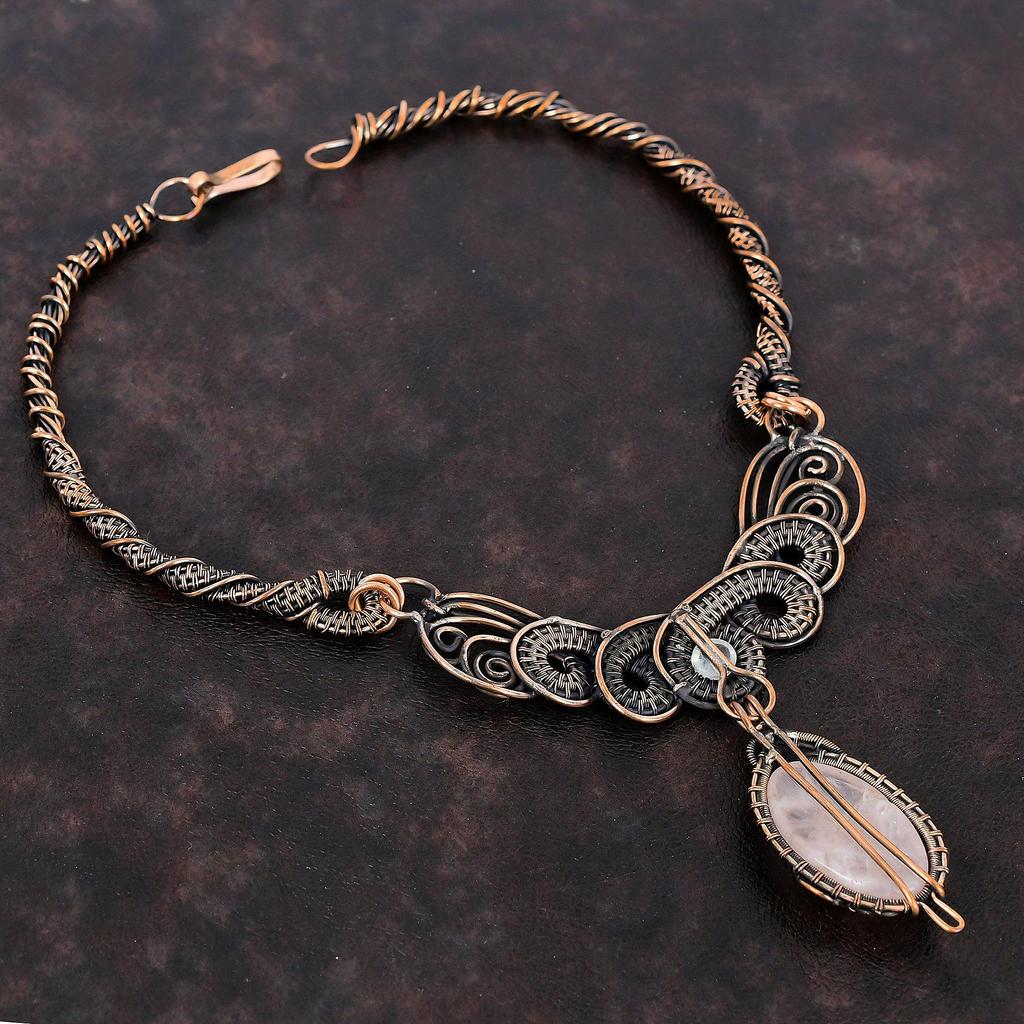 Ожерелье из розового кварца, ожерелье из медной проволоки, радужное ожерелье из лунного камня, изящные медные украшения ручной работы, ожерелье из драгоценных камней, подарок для женщин