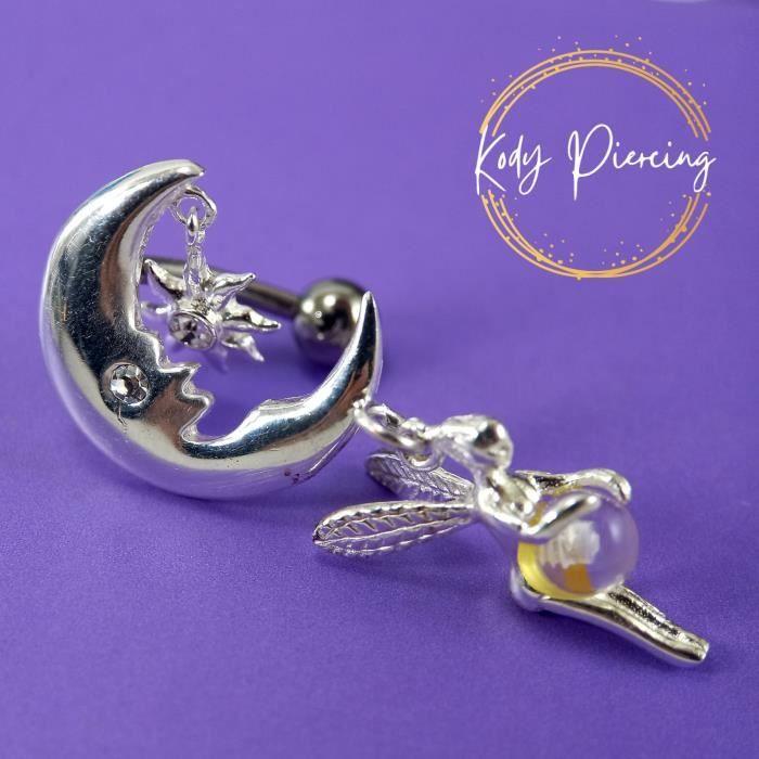 KODY PIERCING Серебряное кольцо на пупке 925 пробы «Перевернутая фея» с комплектом из луны и белых кристаллов.