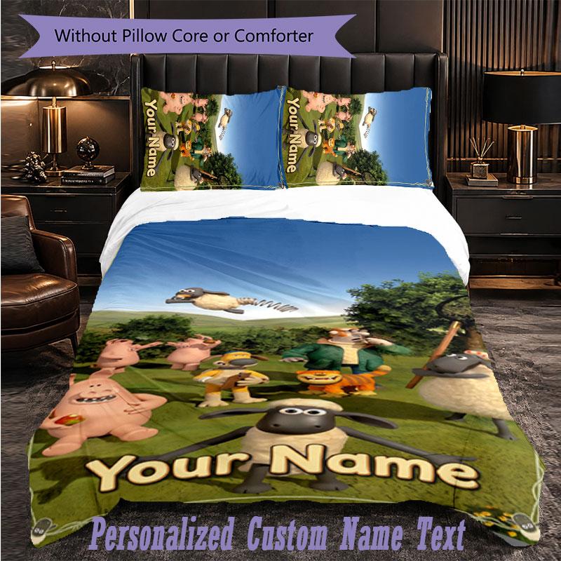 Personalized 3Pcs Bedding SetShaun the Sheep Custom Text Duvet Cover Pillowcase Set Bedroom Gift