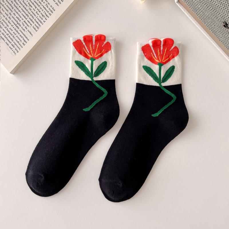 Носки Tide Tulip Pure Middle Flower Tube INS Flowers Korea Cotton Socks Jewelry
