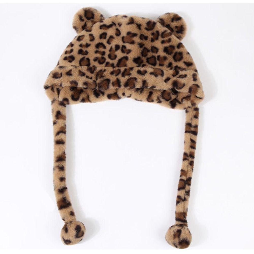 Korean Style Plush Bear Hat Leopard Print Ear Protection Hat Warm Cartoon Fleece Hat  Girls
