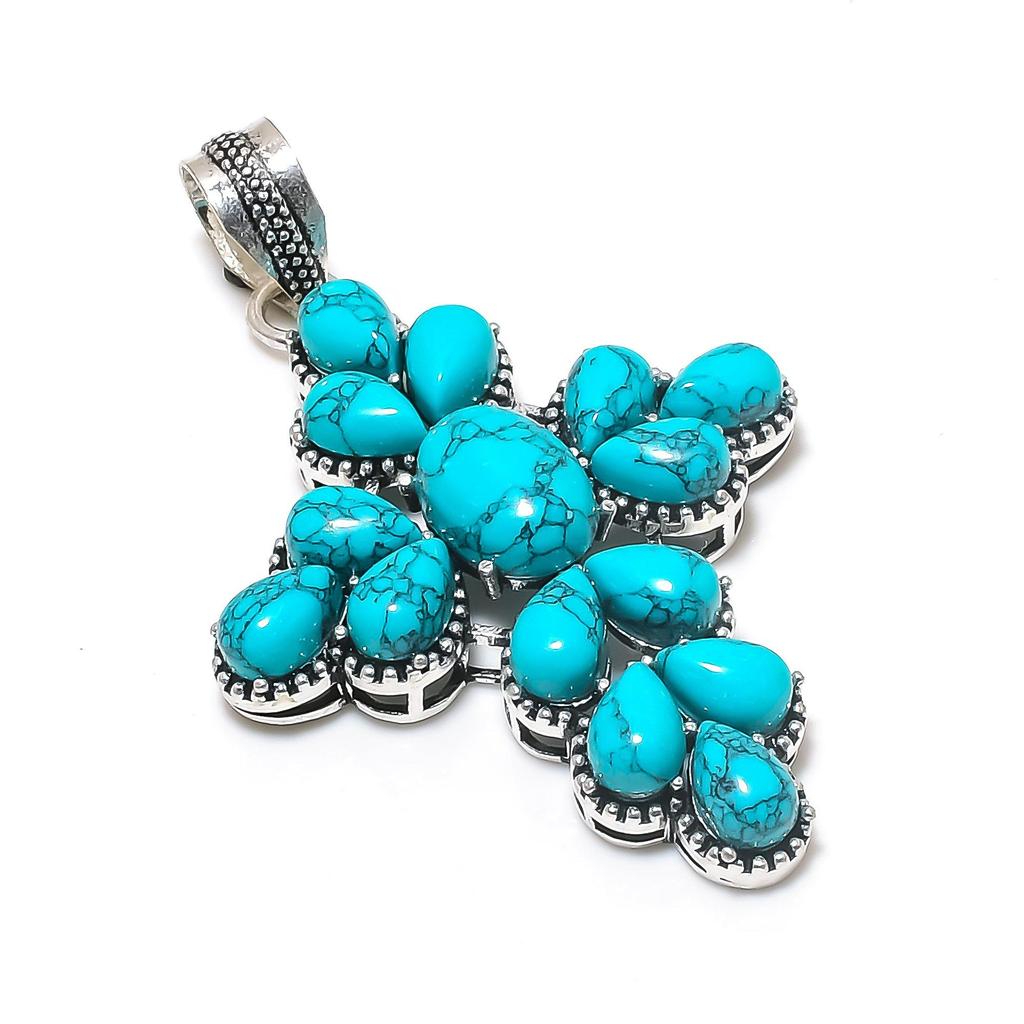 Серебряный кулон-крест с натуральным бирюзовым камнем из стерлингового серебра 925 пробы - дизайн груши ручной работы, повседневная одежда, подарок на день рождения