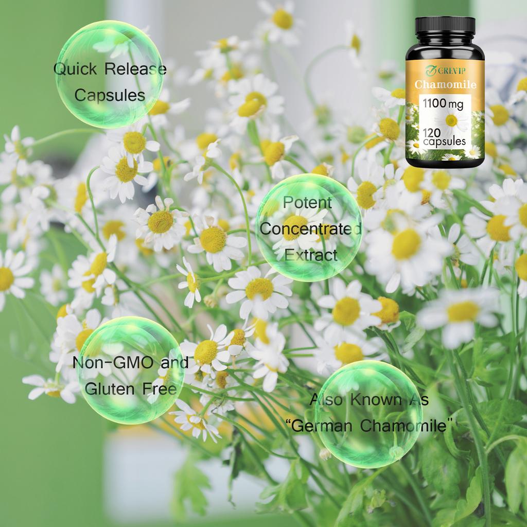 Chamomile extract capsules, natural supplement, 1100 mg per serving, suitable for both men and women.