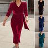 Women Autum Spring Dress Cross V Neck Solid Color Lace-up Tight Waist Velvet
