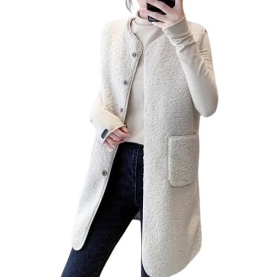 Fall Winter Women Vest Coat Round Neck Loose Mid Length Sleeveless Single-breasted Pockets Cardigan Warm Thick