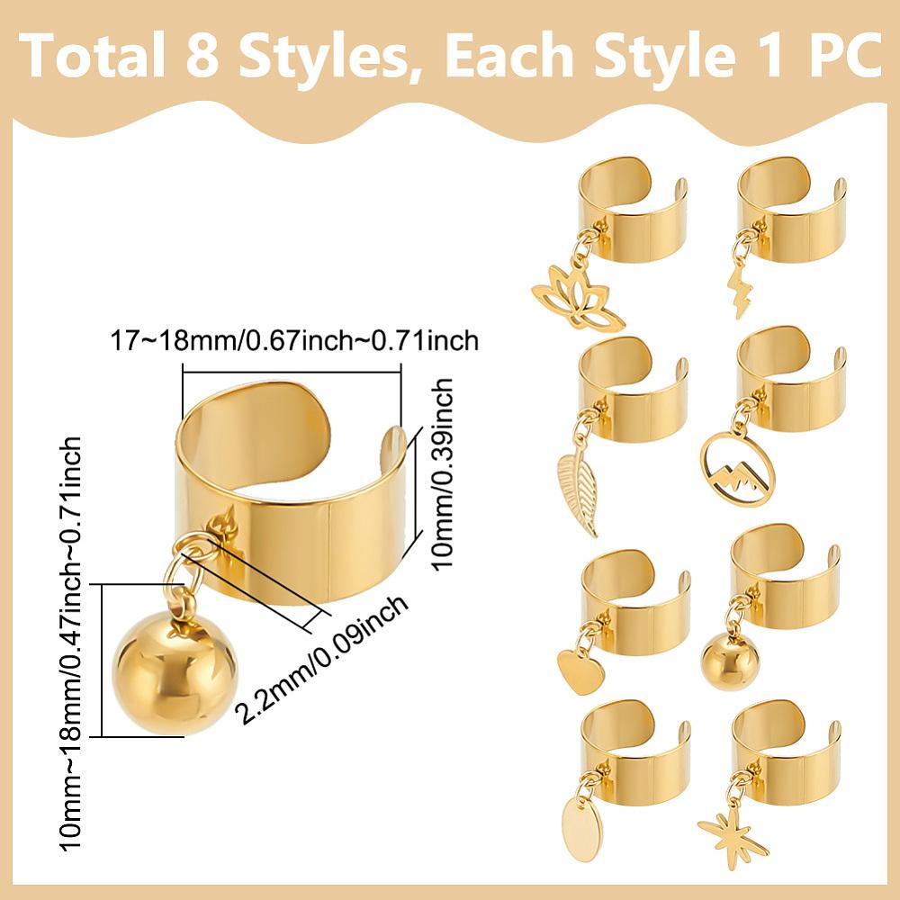 8Pcs 8 Styles 304 Stainless Steel Open Cuff Finger Ring, with Stainless Steel Charms, Mixed Shapes, Golden, Inner Diameter: 17~18mm, 1pc/style