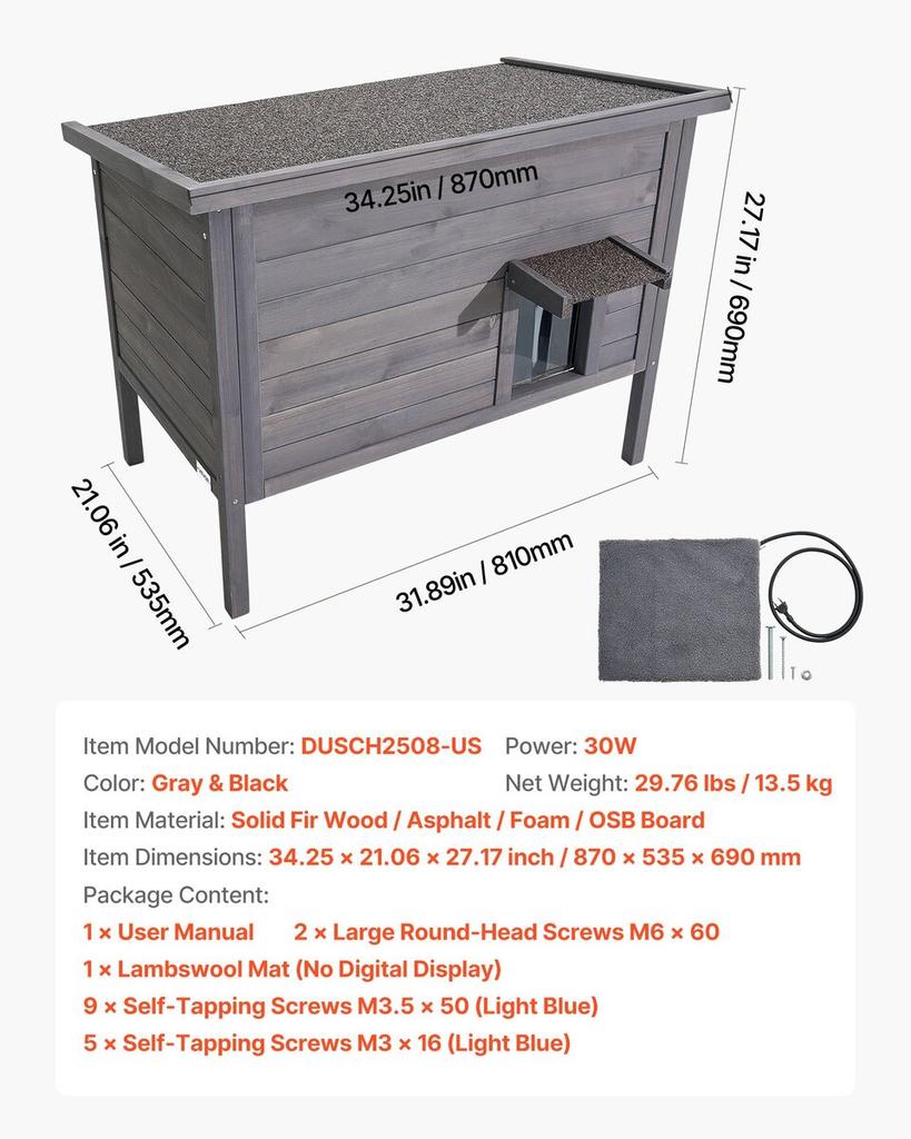 Heated Cat House, Insulated Wooden Cat House for Outdoor Cats, Waterproof Feral Kitty Shelter with Heating Pad, PVC Flap Door & Openable Asphalt Roof