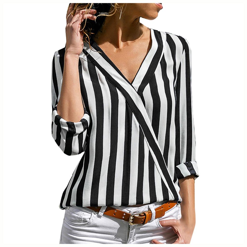 Casual Loose V-neck Striped Chiffon Long-Sleeved Women's Pullover Shirt