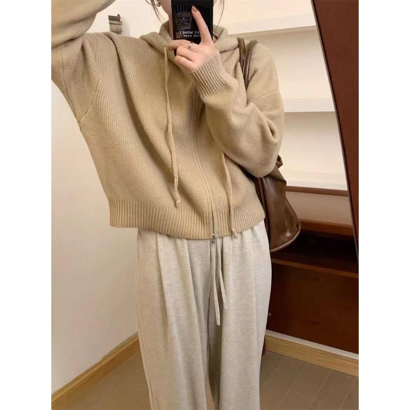 Однотонный вязаный кардиган с капюшоном на двойной молнии, женский осенне-зимний, новый, свободный, повседневный, простой свитер-куртка