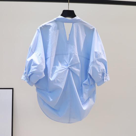 Women Summer Lapel Short Sleeve Single Breasted Shirt Loose Fit Back Hollow Knot Design Thin Shirt