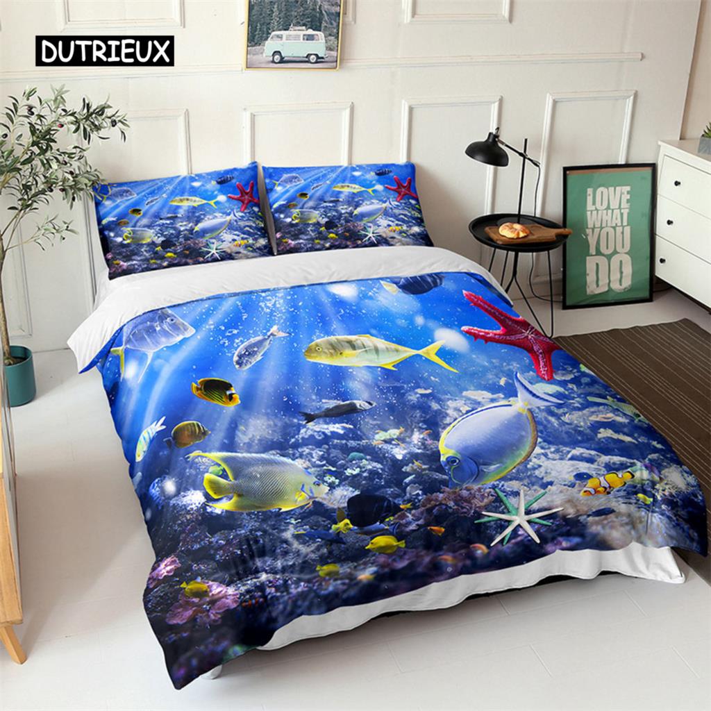 Комплект постельного белья Ocean с изображением синих морских рыб и 3D-принтом для детей. Мягкий полиэстеровый чехол для одеяла Queen King с изображением северного океана