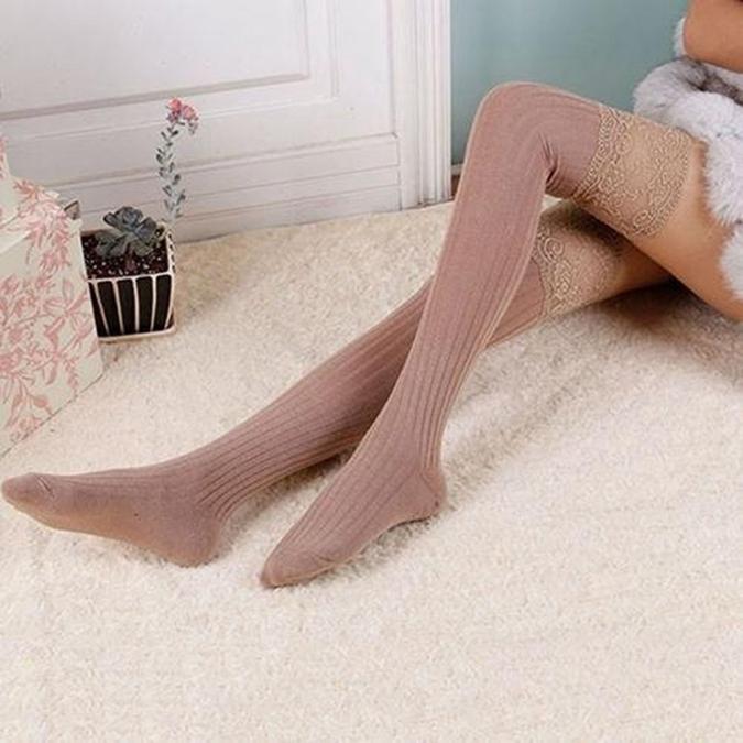 Women Knitting Lace Cotton Over Knee Thigh Stockings High Socks Pantyhose Tights