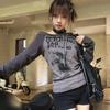 2KWEIRD Japanese Y2k Off Shoulder T-shirt Grunge Aesthetics Graffiti Print Long Sleeve Tee Shirt Vintage Harajuku Streetwear 90s