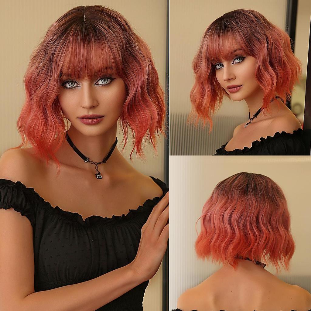ALAN EATON Short Wavy Synthetic Wig Ginger Orange Bob Wigs With Bangs for Women Halloween Cosplay Party Natural Hair Wig Heat Resistant