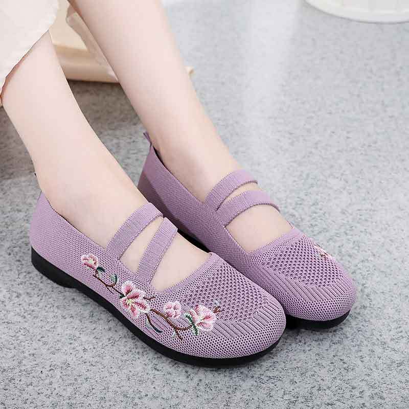 Purple Emboridery Flower Mary Janes Shoes for Women Comfy Summer Mesh Loafers Ladies Casual Ballet Flats Mom Gift Shoes