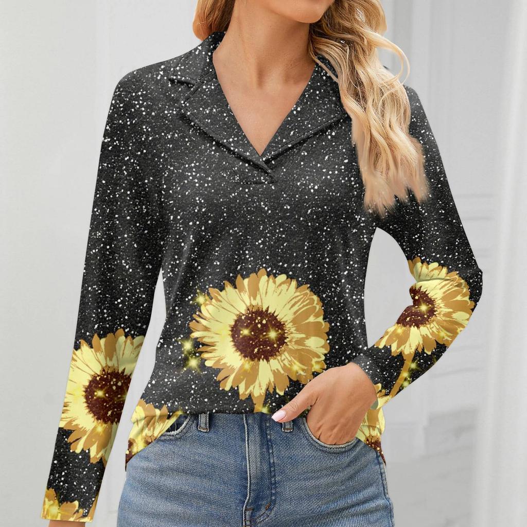 Women's Fashion Leisure Long Sleeve V Neck Flower Printing Top