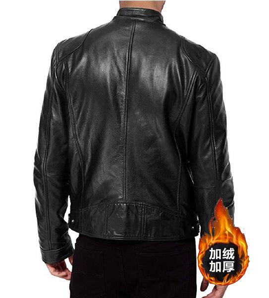 Winter Business Gentleman Warm Zipper Cardigan Pocket Decorative Fleece Thickened PU Leather Jacket Stand-Up Collar Slim Leather Jacket