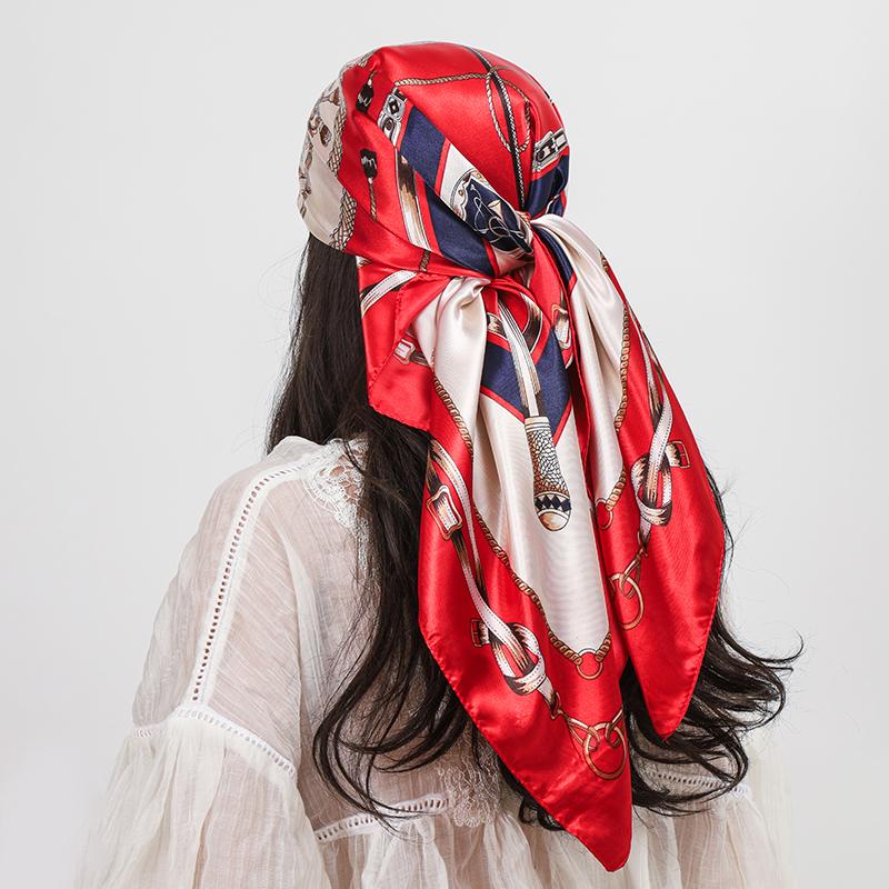 Luxury Brand 90cm Square Silk Scarf Women Shawls Wraps Hijab Scarves Print Kerchief Femme Head Scarf Foulard Bandana Beach Pareo