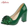 Aphixta New 7cm Square Heel Patent Leather Shoes Women Pumps Dark Green Flowers Officile Pointed Toe Plus Size 49 50