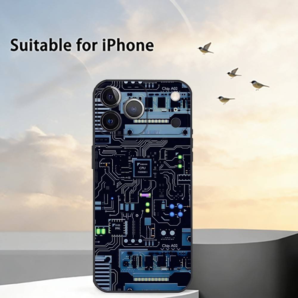 Чехол-бампер с рисунком печатной платы для iPhone 17,16,15,14,13,12,11 Plus,Pro Max,XS, Мягкий силиконовый черный