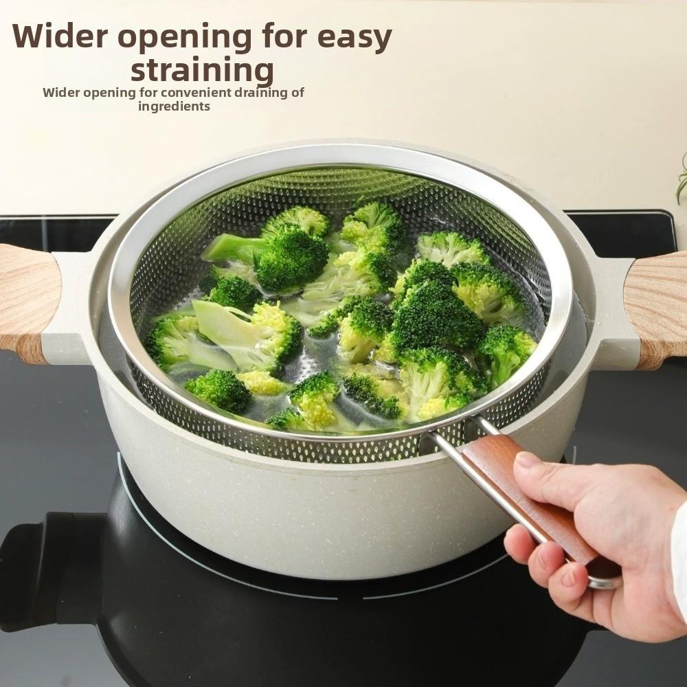 Wooden Handle Fine Mesh Strainer Easy To Clean Stainless Steel Colander  For Kitchen Cooking